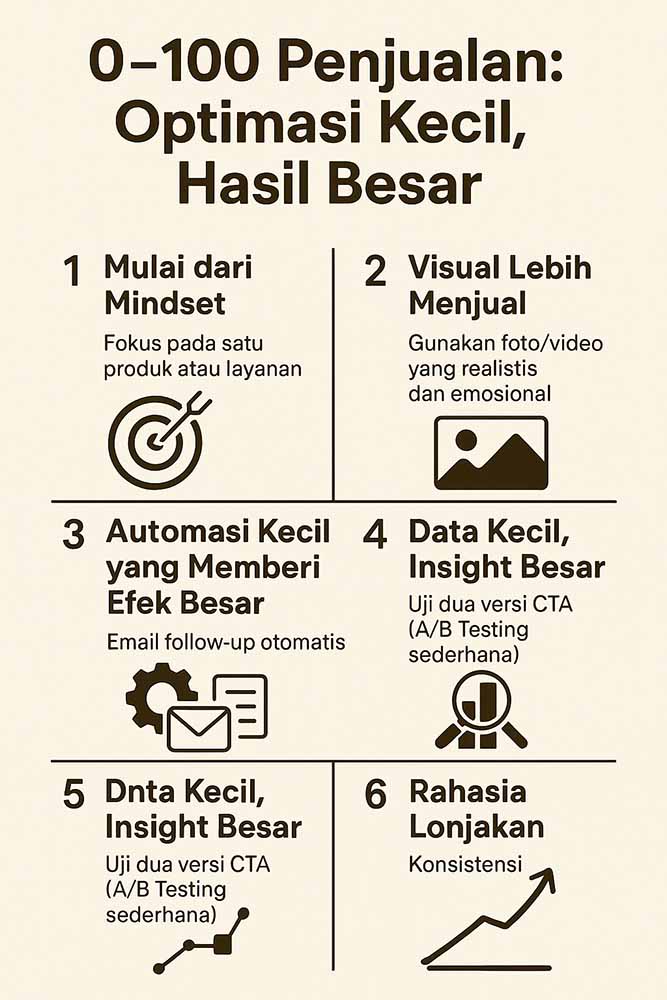 Infografis: 0–100 Penjualan — Optimasi Kecil, Hasil Besar